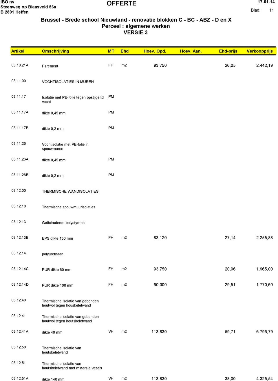 12.13 Geëxtrudeerd polyyreen 03.12.13B EPS dikte 150 2 83,120 27,14 2.255,88 03.12.14 polyurethaan 03.12.14C PUR dikte 60 2 93,750 20,96 1.965,00 03.12.14D PUR dikte 100 2 60,000 29,51 1.770,60 03.12.40 Therische isolatie van gebonden houtwol tegen houskeletwand 03.