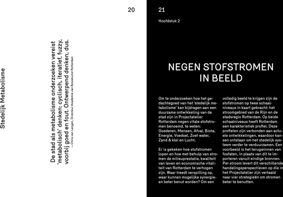 stad zijn in Projectatelier Rotterdam negen vitale stofstromen benoemd, te weten: Goederen, Mensen, Afval, Biota, Energie, Voedsel, Zoet water, Zand & klei en Lucht.