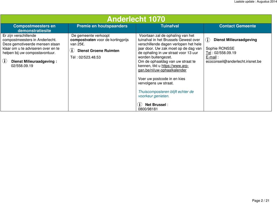 19 Anderlecht 1070 De gemeente verkoopt compostvaten voor de kortingprijs van 25. Dienst Groene Ruimten Tél : 02/523.48.