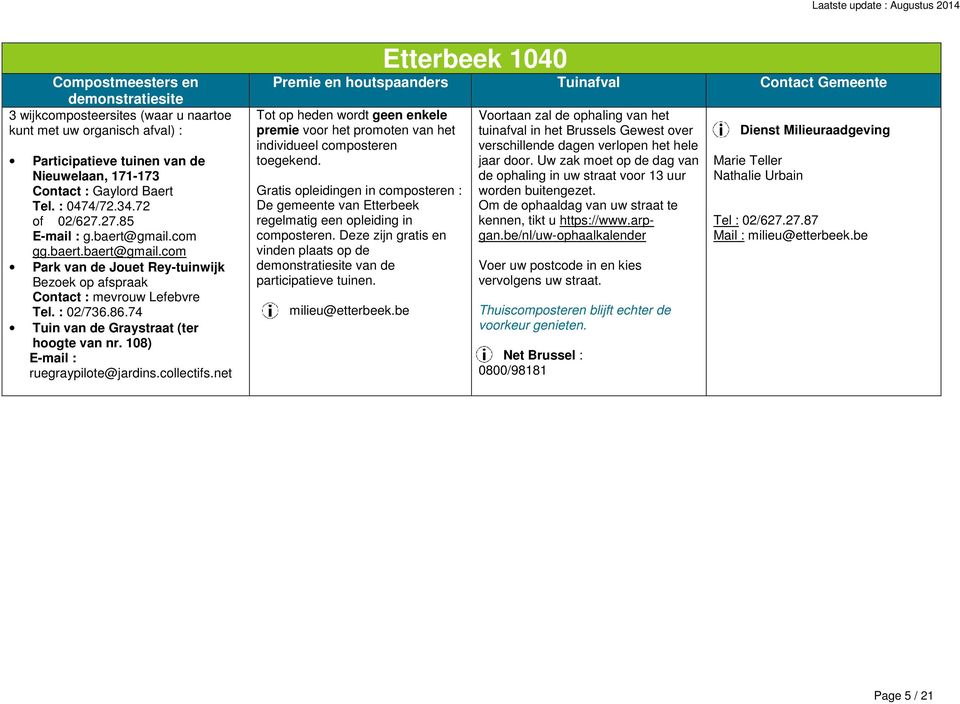 108) E-mail : ruegraypilote@jardins.collectifs.net Etterbeek 1040 Tot op heden wordt geen enkele premie voor het promoten van het individueel composteren toegekend.