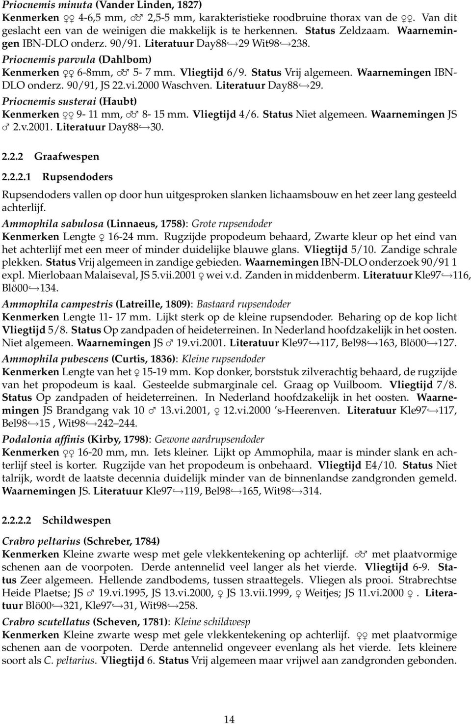 90/91, JS 22.vi.2000 Waschven. Literatuur Day88 29. Priocnemis susterai (Haubt) Kenmerken 9-11 mm, 8-15 mm. Vliegtijd 4/6. Status Niet algemeen. Waarnemingen JS 2.v.2001. Literatuur Day88 30. 2.2.2 Graafwespen 2.