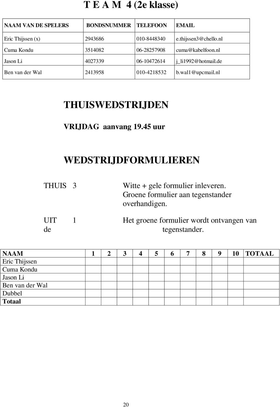 wal1@upcmail.nl THUISWEDSTRIJDEN VRIJDAG aanvang 19.45 uur WEDSTRIJDFORMULIEREN THUIS 3 Witte + gele formulier inleveren.