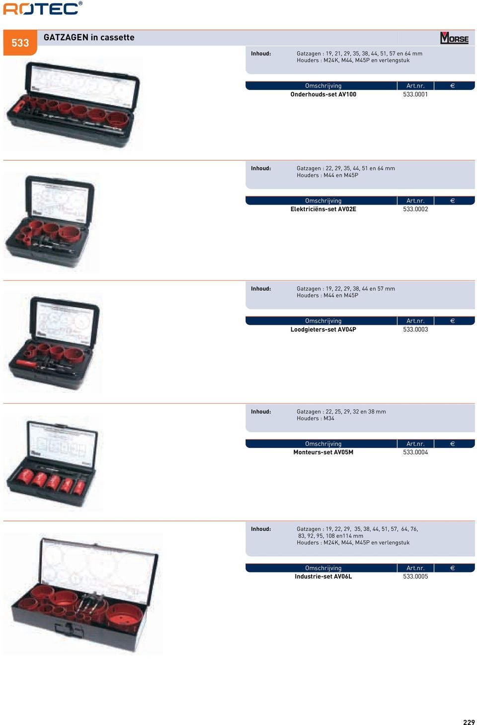 0002 Gatzagen : 19, 22, 29, 38, 44 en 57 mm Houders : M44 en M45P Loodgieters-set AV04P 533.