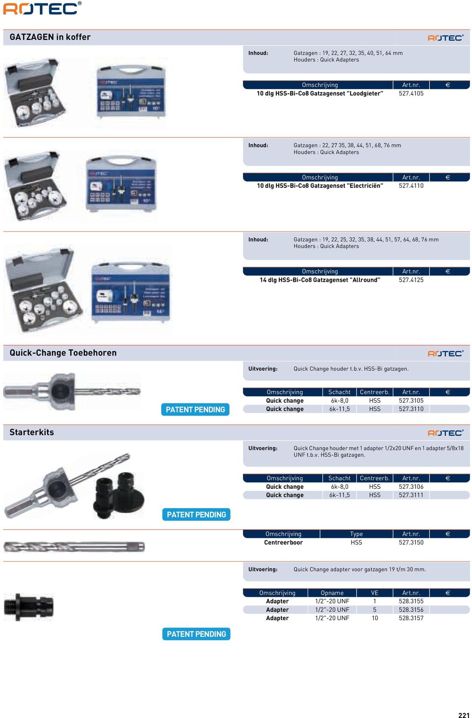 4110 Gatzagen : 19, 22, 25, 32, 35, 38, 44, 51, 57, 64, 68, 76 mm Houders : Quick Adapters 14 dlg HSS-Bi-Co8 Gatzagenset "Allround" 527.4125 Quick-Change Toebehoren Quick Change houder t.b.v.