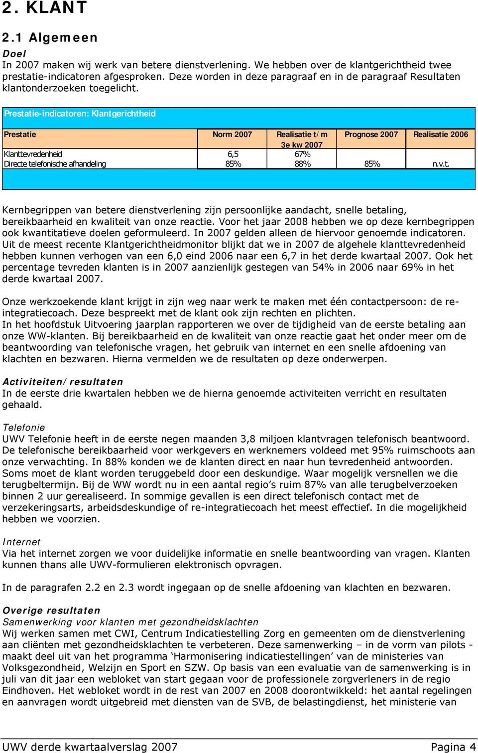 Prestatie-indicatoren: Klantgerichtheid Prestatie Norm 2007 Realisatie t/m Prognose 2007 Realisatie 2006 3e kw 2007 Klanttevredenheid 6,5 67% Directe telefonische afhandeling 85% 88% 85% n.v.t. Kernbegrippen van betere dienstverlening zijn persoonlijke aandacht, snelle betaling, bereikbaarheid en kwaliteit van onze reactie.