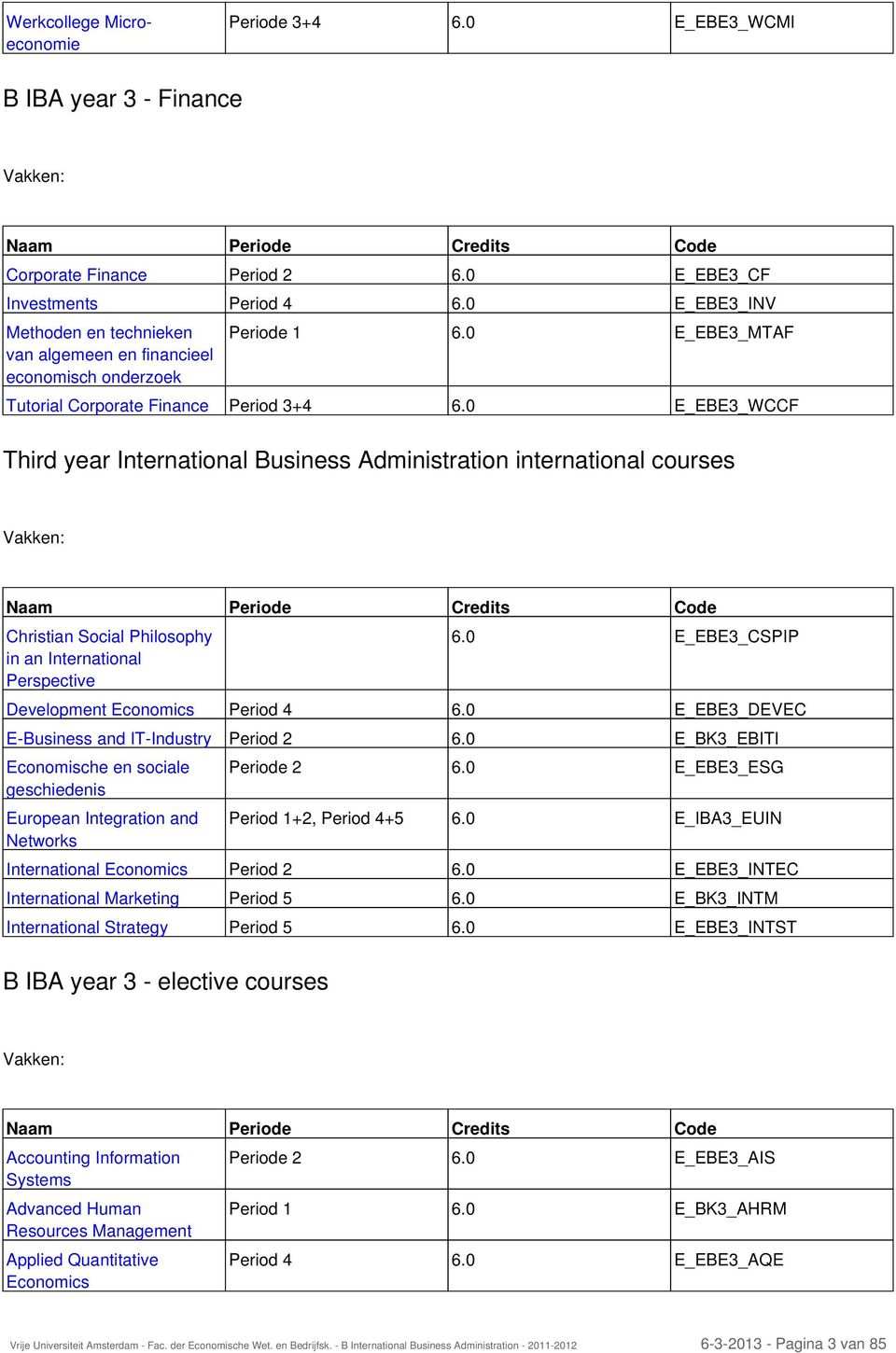 0 E_EBE3_WCCF Third year International Business Administration international courses Vakken: Naam Periode Credits Code Christian Social Philosophy in an International Perspective B IBA year 3 -