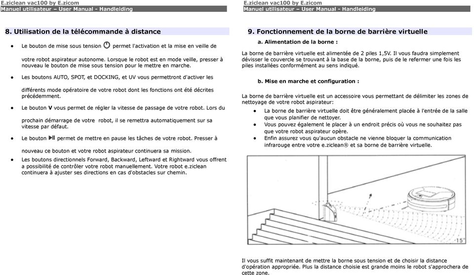 Les boutons AUTO, SPOT, et DOCKING, et UV vous permettront d'activer les différents mode opératoire de votre robot dont les fonctions ont été décrites précédemment.