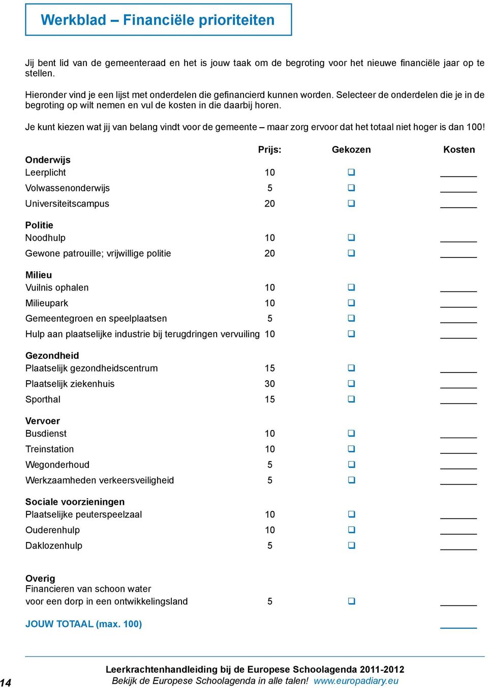 Je kunt kiezen wat jij van belang vindt voor de gemeente maar zorg ervoor dat het totaal niet hoger is dan 100!