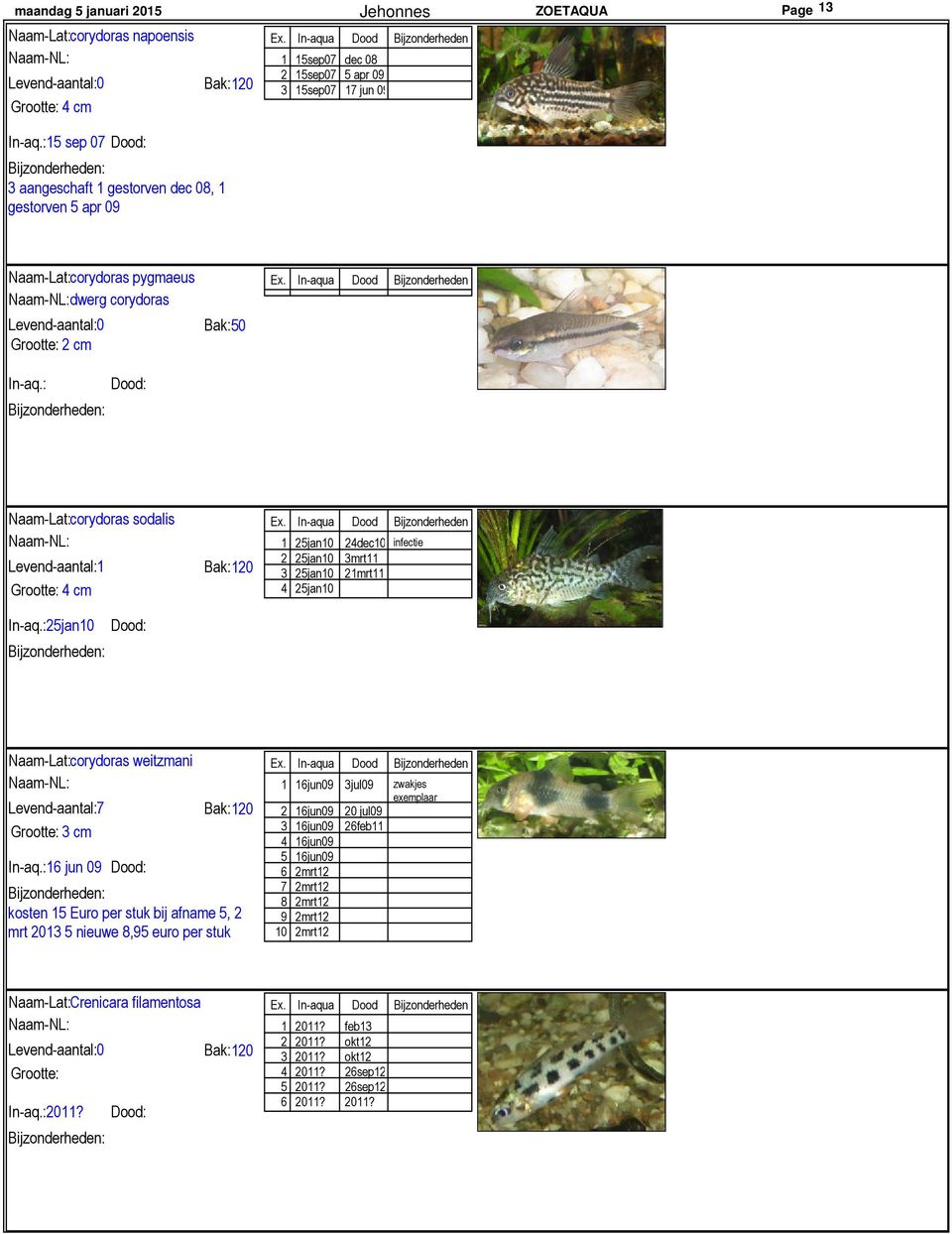 : Naam-Lat: corydoras sodalis 4 cm In-aq.: 25jan10 1 25jan10 24dec10 infectie 2 25jan10 3mrt11 3 25jan10 21mrt11 4 25jan10 Naam-Lat: corydoras weitzmani Levend-aantal: 7 3 cm In-aq.