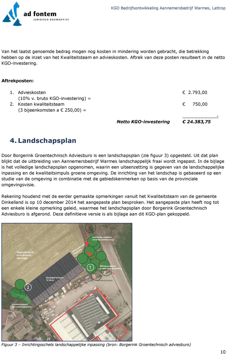 Kosten kwaliteitsteam 750,00 (3 bijeenkomsten a 250,00) = Netto KGO-investering 24.383,75-4. Landschapsplan Door Borgerink Groentechnisch Adviesburo is een landschapsplan (zie figuur 3) opgesteld.