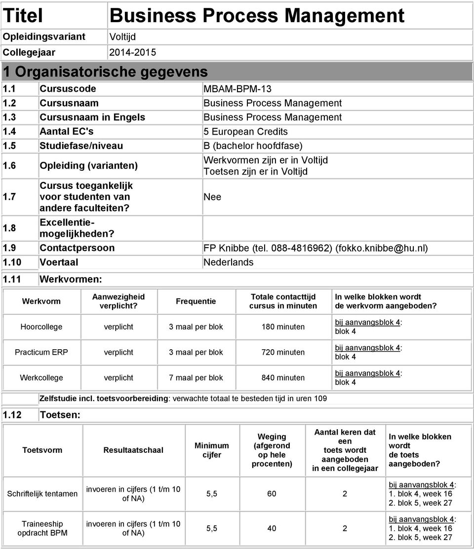 8 Cursus toegankelijk voor studenten van andere faculteiten? Excellentiemogelijkheden? Werkvormen zijn er in Voltijd Toetsen zijn er in Voltijd Nee 1.9 Contactpersoon FP Knibbe (tel.