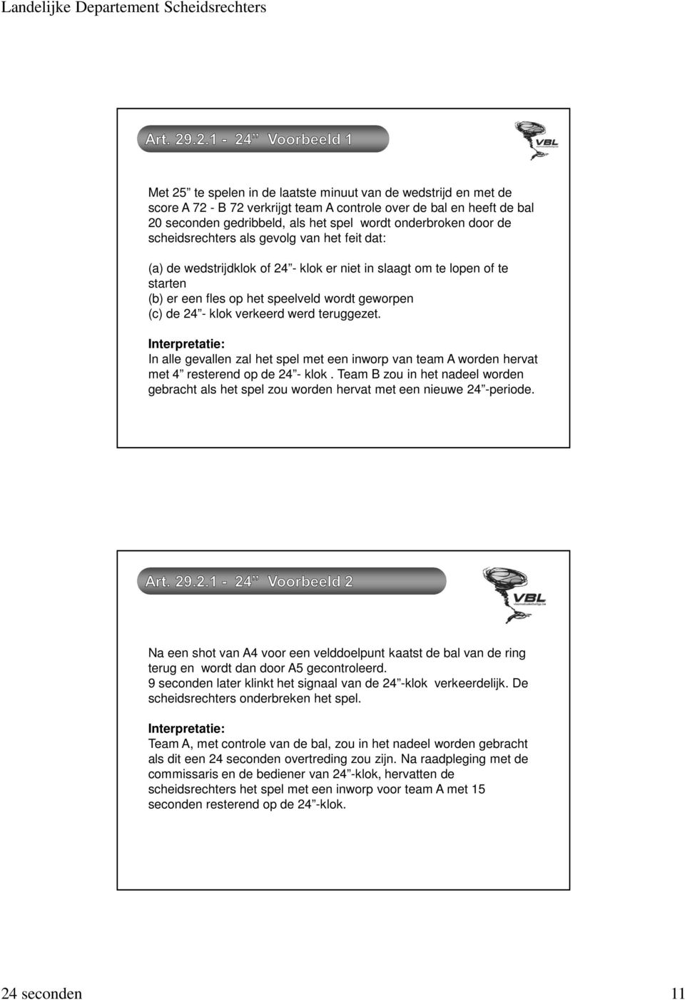 werd teruggezet. Interpretatie: In alle gevallen zal het spel met een inworp van team A worden hervat met 4 resterend op de 24 - klok.