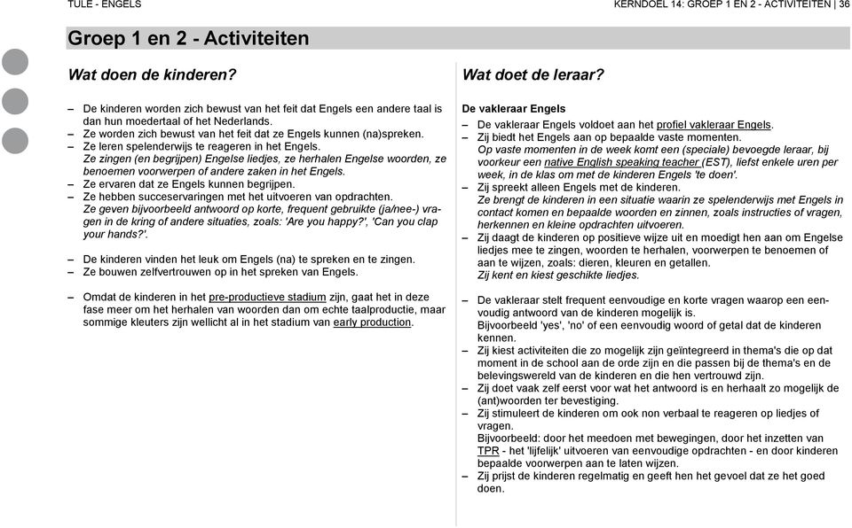 Ze leren spelenderwijs te reageren in het Engels. Ze zingen (en begrijpen) Engelse liedjes, ze herhalen Engelse woorden, ze benoemen voorwerpen of andere zaken in het Engels.