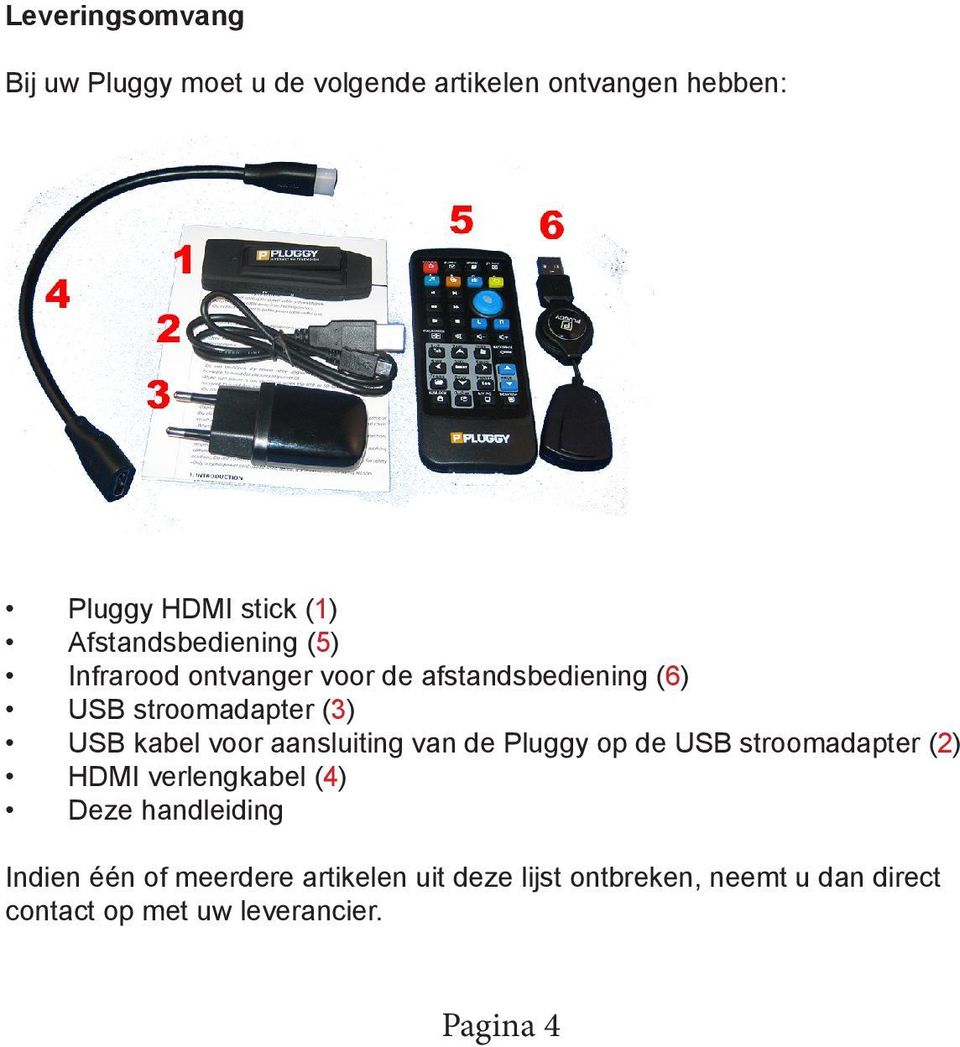 voor aansluiting van de Pluggy op de USB stroomadapter (2) HDMI verlengkabel (4) Deze handleiding Indien