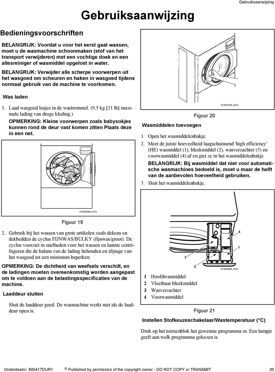 BELANGRIJK: Verwijder alle scherpe voorwerpen uit het wasgoed om scheuren en haken in wasgoed tijdens normaal gebruik van de machine te voorkomen. Was laden 1. Laad wasgoed losjes in de wastrommel.