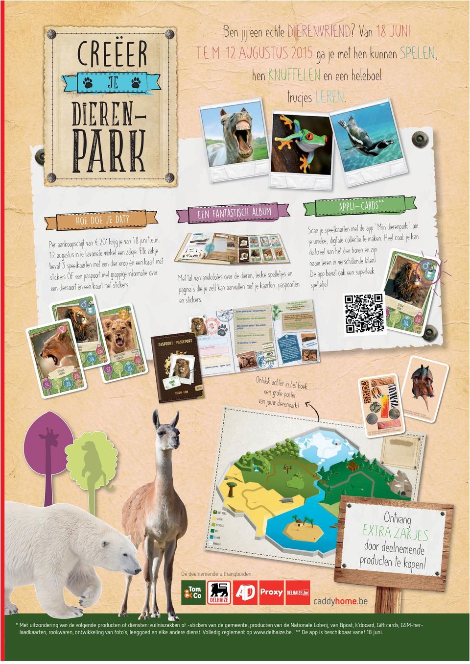Elk zakje bevat 3 speelkaarten met een dier erop én een kaart met stickers OF een paspoort met grappige informatie over een diersoort én een kaart met stickers.