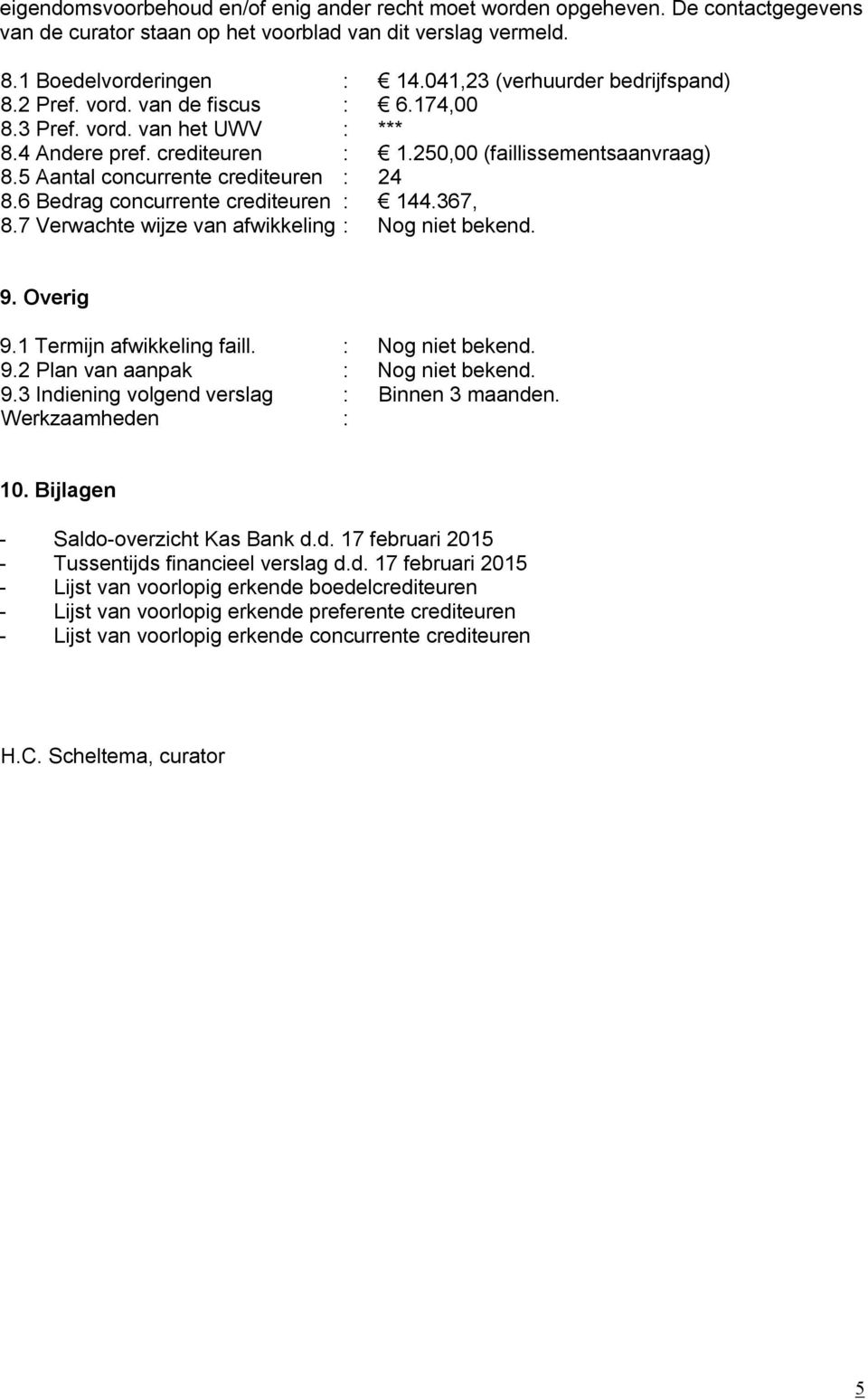 5 Aantal concurrente crediteuren : 24 8.6 Bedrag concurrente crediteuren : 144.367, 8.7 Verwachte wijze van afwikkeling : Nog niet bekend. 9. Overig 9.1 Termijn afwikkeling faill. : Nog niet bekend. 9.2 Plan van aanpak : Nog niet bekend.