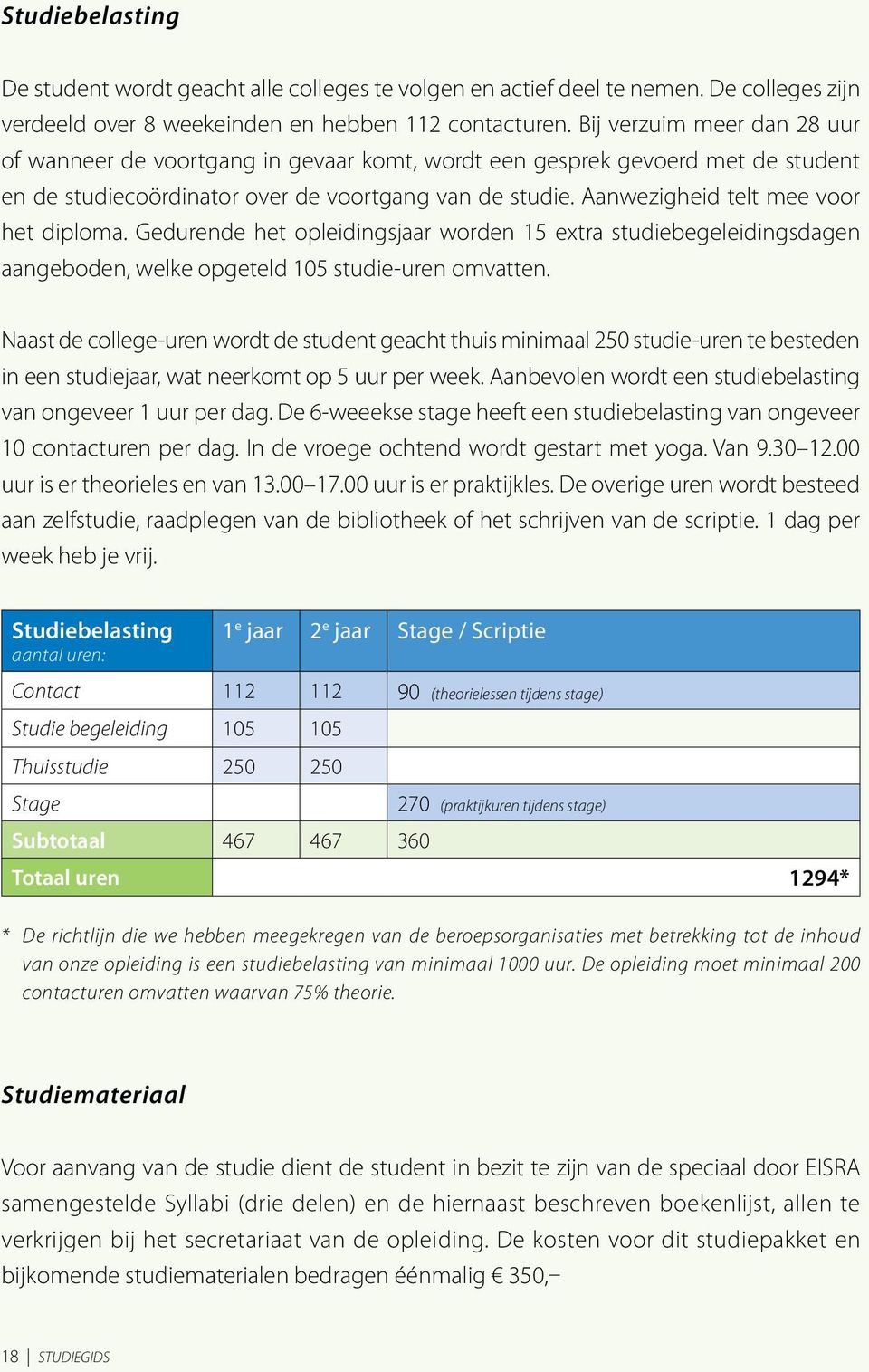 Aanwezigheid telt mee voor het diploma. Gedurende het opleidingsjaar worden 15 extra studiebegeleidingsdagen aangeboden, welke opgeteld 105 studie-uren omvatten.