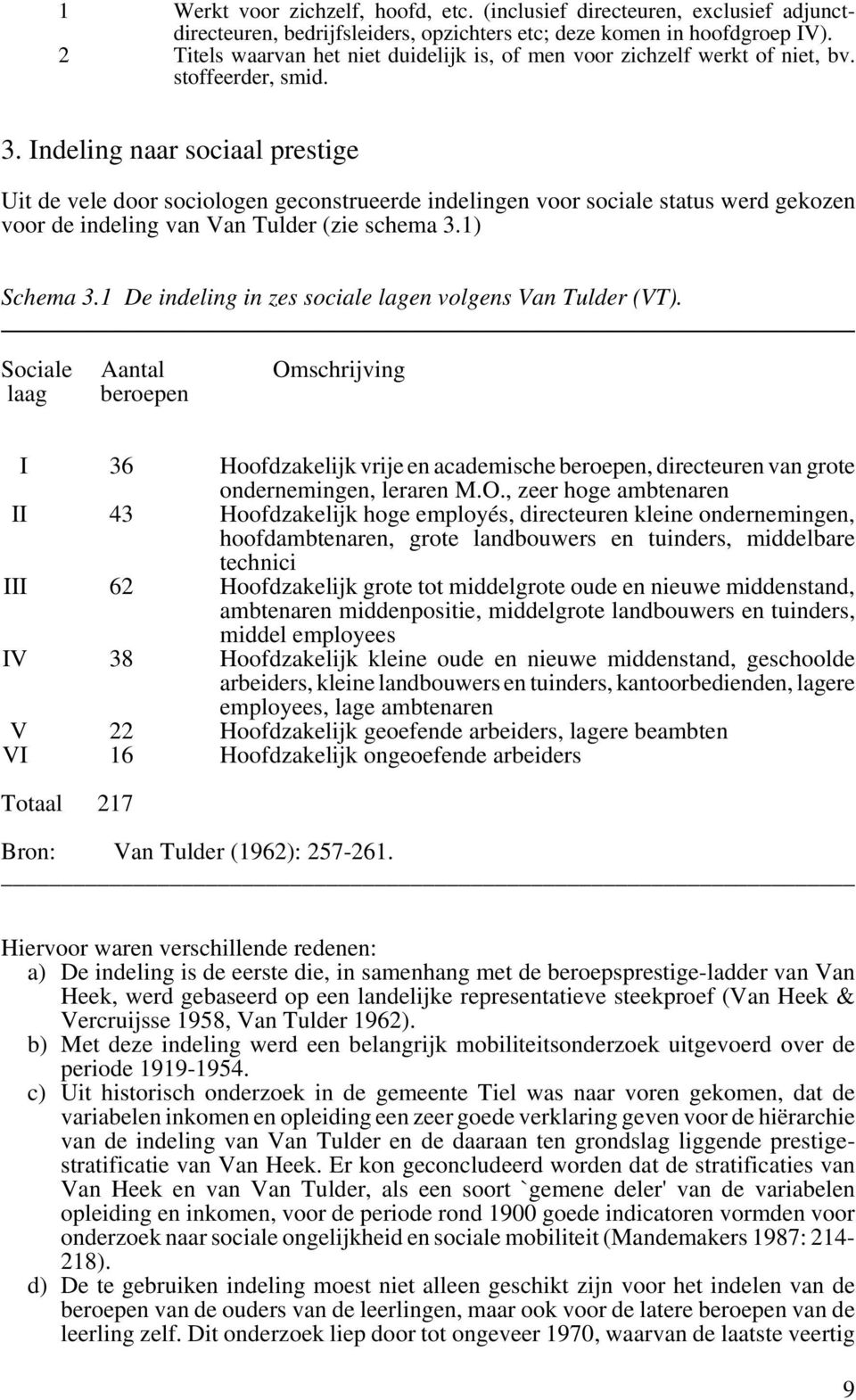 Indeling naar sociaal prestige Uit de vele door sociologen geconstrueerde indelingen voor sociale status werd gekozen voor de indeling van Van Tulder (zie schema 3.1) Schema 3.