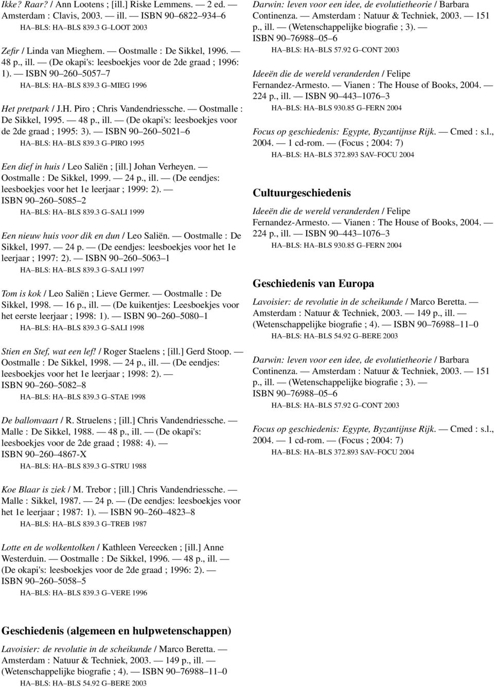 , ill. (De okapi's: leesboekjes voor de 2de graad ; 1995: 3). ISBN 90 260 5021 6 HA BLS: HA BLS 839.3 G PIRO 1995 Een dief in huis / Leo Saliën ; [ill.] Johan Verheyen. Oostmalle : De Sikkel, 1999.