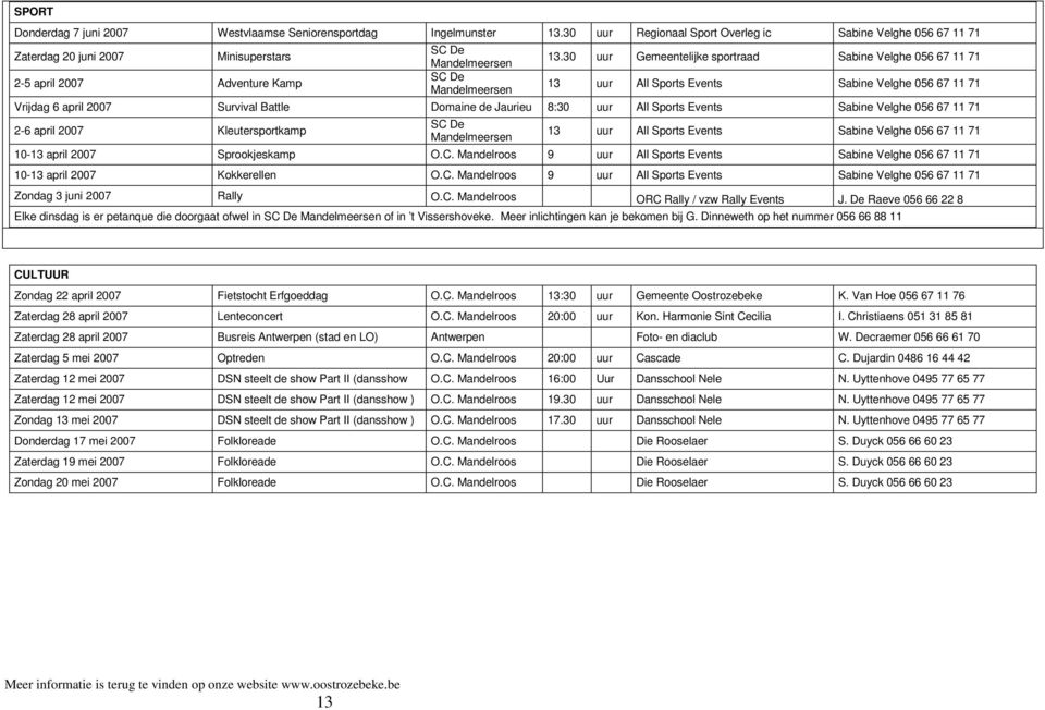 30 uur Gemeentelijke sportraad Sabine Velghe 056 67 11 71 13 uur All Sports Events Sabine Velghe 056 67 11 71 Vrijdag 6 april 2007 Survival Battle Domaine de Jaurieu 8:30 uur All Sports Events Sabine