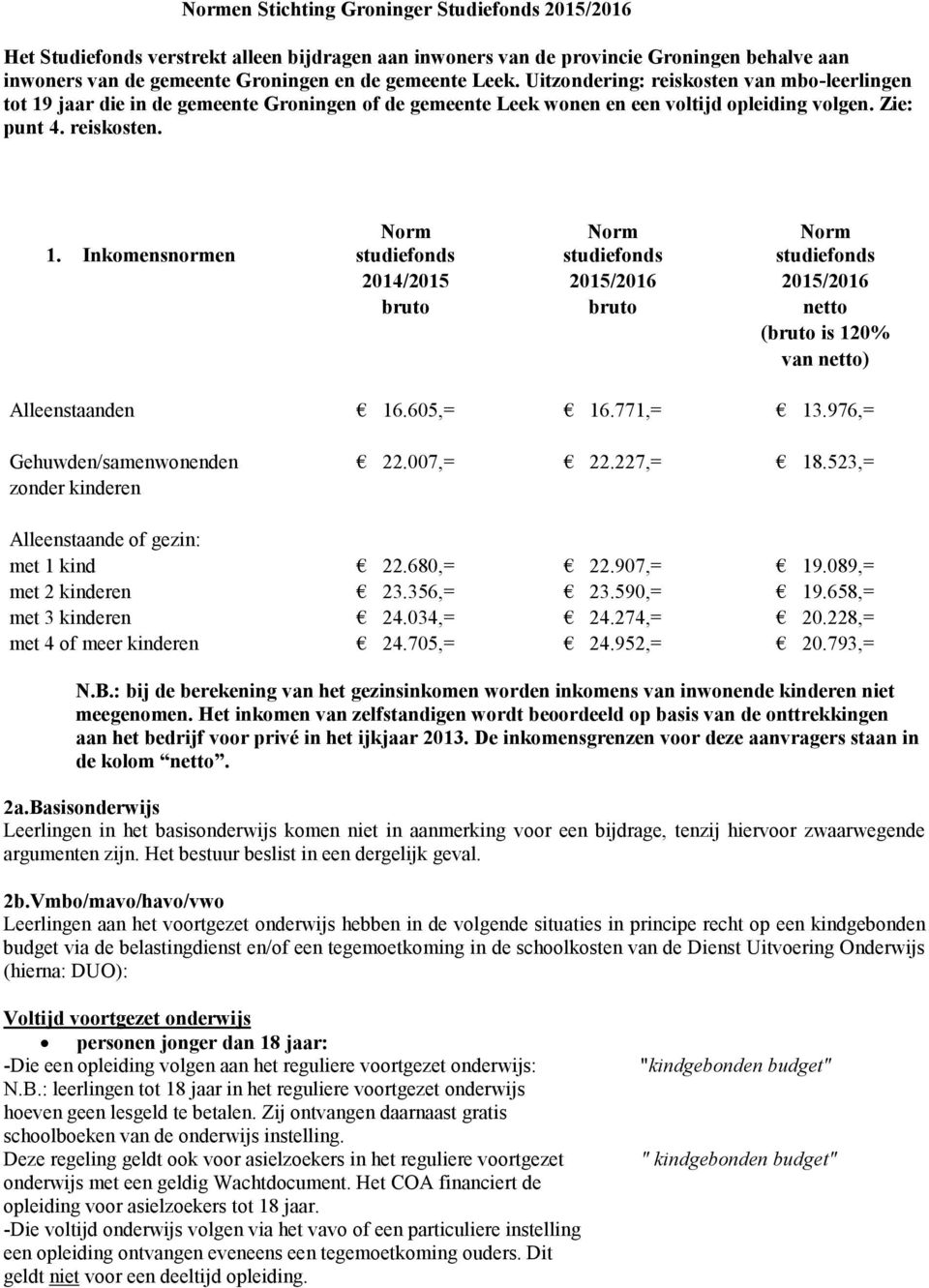 jaar die in de gemeente Groningen of de gemeente Leek wonen en een voltijd opleiding volgen. Zie: punt 4. reiskosten. 1.