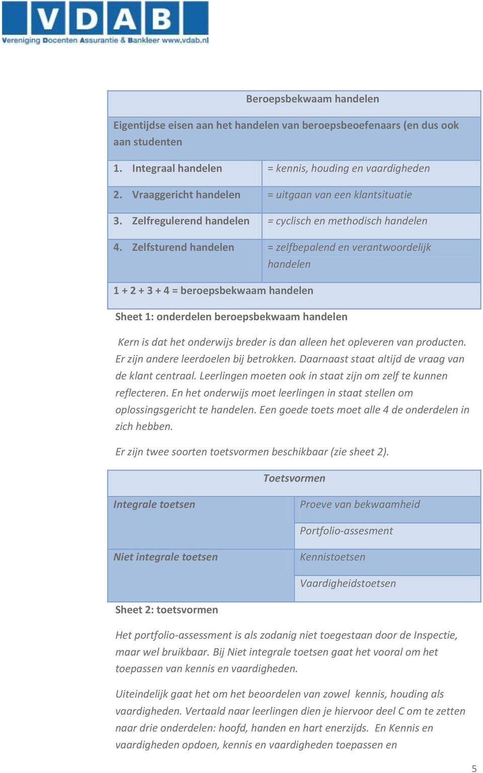 Zelfsturend handelen = zelfbepalend en verantwoordelijk handelen 1 + 2 + 3 + 4 = beroepsbekwaam handelen Sheet 1: onderdelen beroepsbekwaam handelen Kern is dat het onderwijs breder is dan alleen het