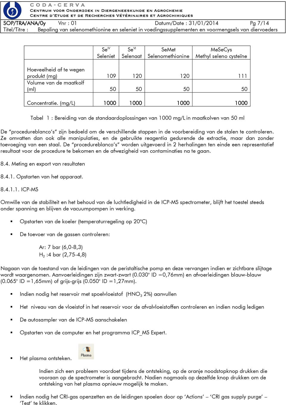 (mg/l) 1000 1000 1000 1000 Tabel 1 : Bereiding van de standaardoplossingen van 1000 mg/l in maatkolven van 50 ml De procedureblanco s zijn bedoeld om de verschillende stappen in de voorbereiding van