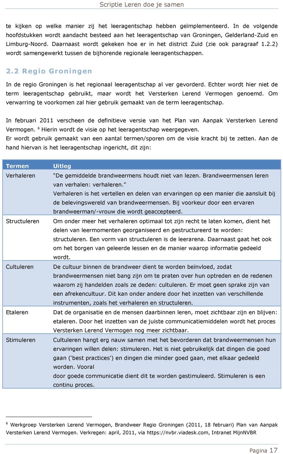 2 Regio Groningen In de regio Groningen is het regionaal leeragentschap al ver gevorderd. Echter wordt hier niet de term leeragentschap gebruikt, maar wordt het Versterken Lerend Vermogen genoemd.