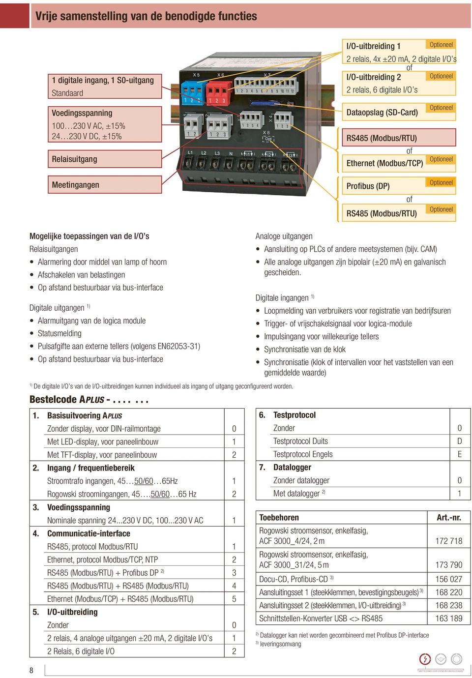 Optioneel RS48 (Modbus/RTU) Mogelijke toepassingen van de I/O s Relaisuitgangen Alarmering door middel van lamp of hoorn Afschakelen van belastingen Op afstand bestuurbaar via bus-interface Analoge