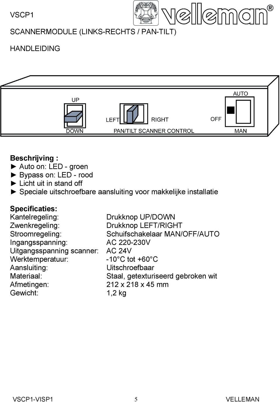 Drukknop LEFT/RIGHT Stroomregeling: Schuifschakelaar MAN/OFF/AUTO Ingangsspanning: AC 220-230V Uitgangsspanning scanner: AC 24V