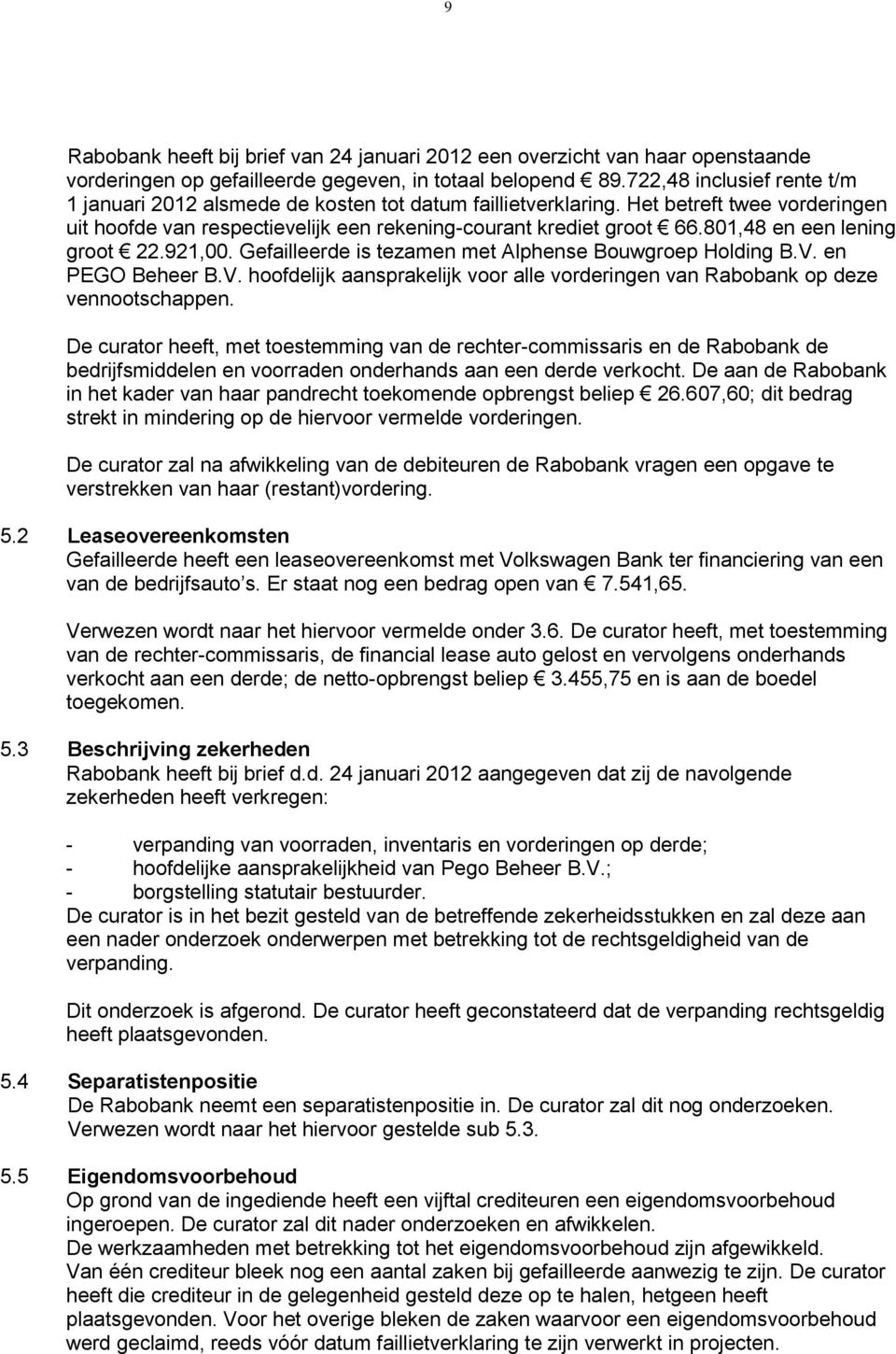 801,48 en een lening groot 22.921,00. Gefailleerde is tezamen met Alphense Bouwgroep Holding B.V. en PEGO Beheer B.V. hoofdelijk aansprakelijk voor alle vorderingen van Rabobank op deze vennootschappen.