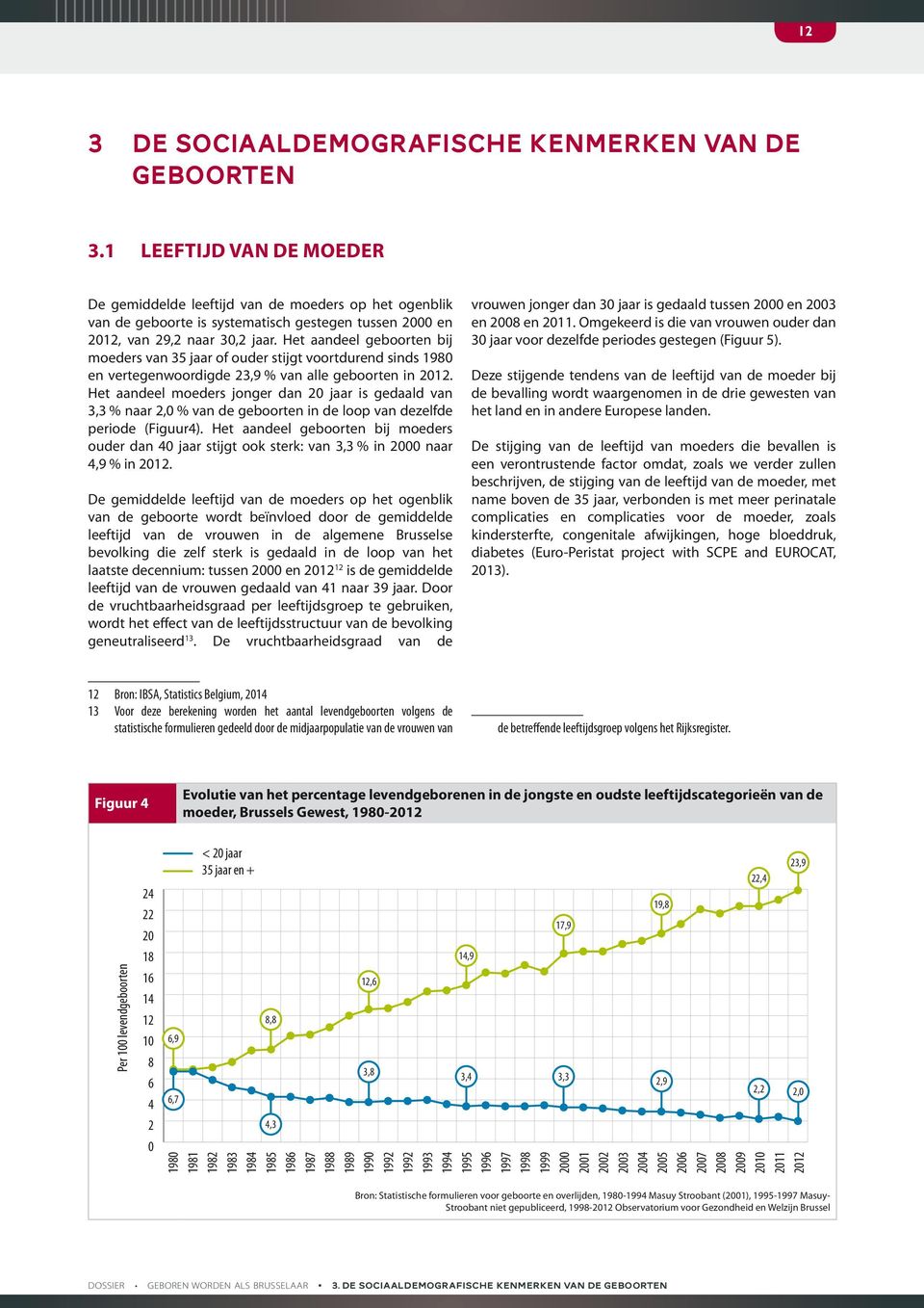 Het aandeel geboorten bij moeders van 35 jaar of ouder stijgt voortdurend sinds 1980 en vertegenwoordigde 23,9 % van alle geboorten in 2012.