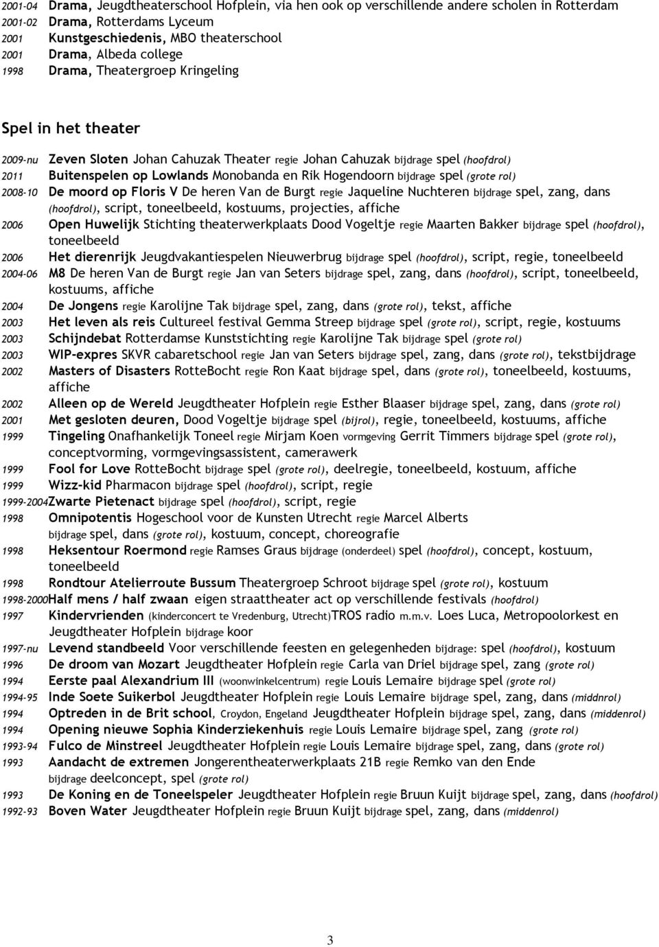 Hogendoorn bijdrage spel (grote rol) 2008-10 De moord op Floris V De heren Van de Burgt regie Jaqueline Nuchteren bijdrage spel, zang, dans (hoofdrol), script, toneelbeeld, kostuums, projecties,