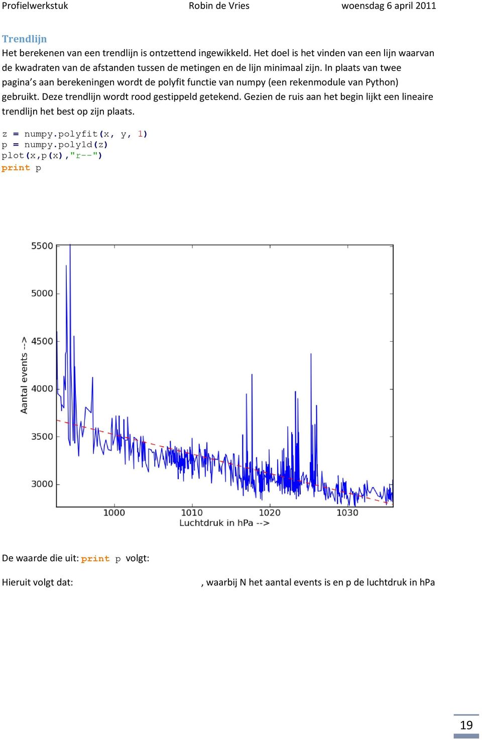 In plaats van twee pagina s aan berekeningen wordt de polyfit functie van numpy (een rekenmodule van Python) gebruikt.