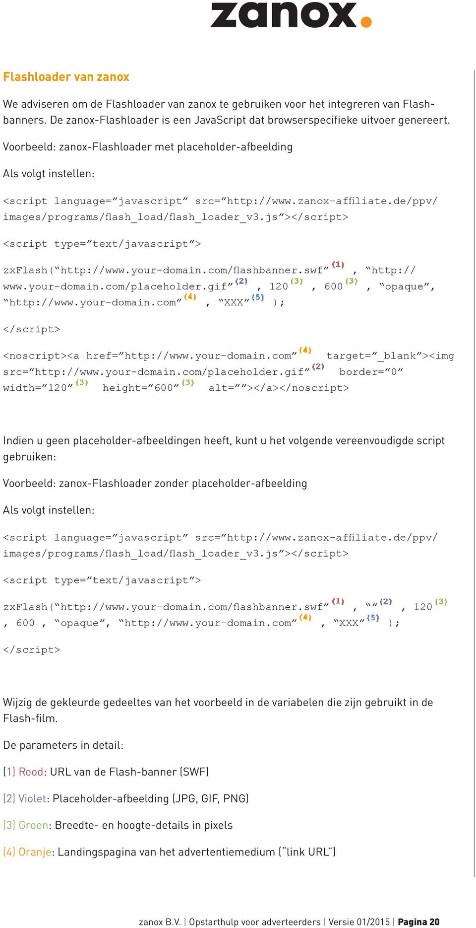 js ></script> <script type= text/javascript > zxflash( http://www.your-domain.com/flashbanner.swf, http:// www.your-domain.com/placeholder.gif, 120, 600, opaque, http://www.your-domain.com, XXX ); </script> <noscript><a href= http://www.
