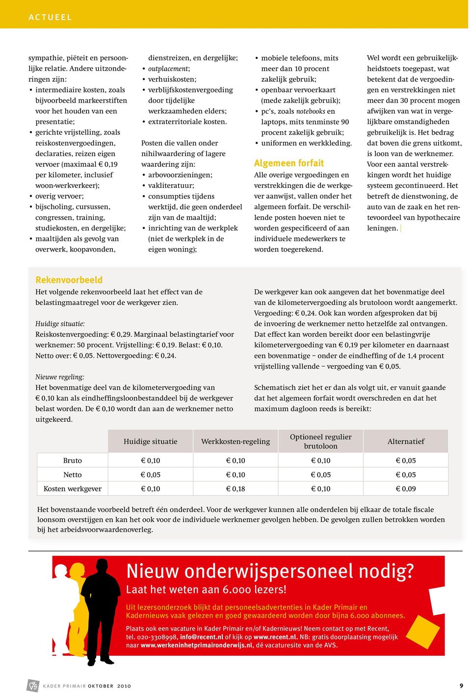 vervoer (maximaal Y 0,19 per kilometer, inclusief woon-werkverkeer); overig vervoer; bijscholing, cursussen, congressen, training, studiekosten, en dergelijke; maaltijden als gevolg van overwerk,