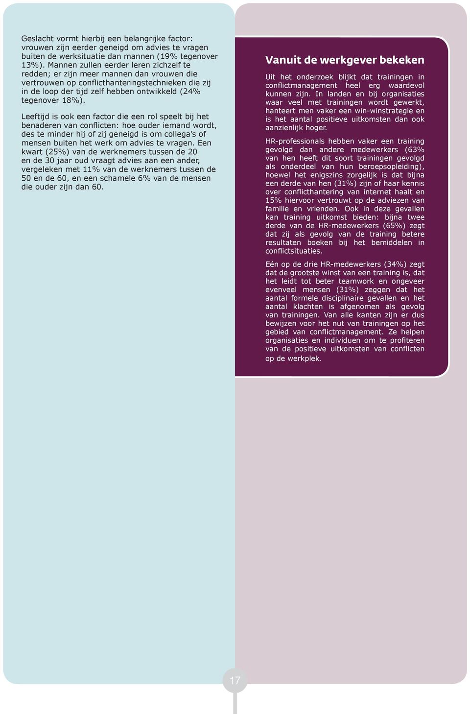 Leeftijd is ook een factor die een rol speelt bij het benaderen van conflicten: hoe ouder iemand wordt, des te minder hij of zij geneigd is om collega s of mensen buiten het werk om advies te vragen.