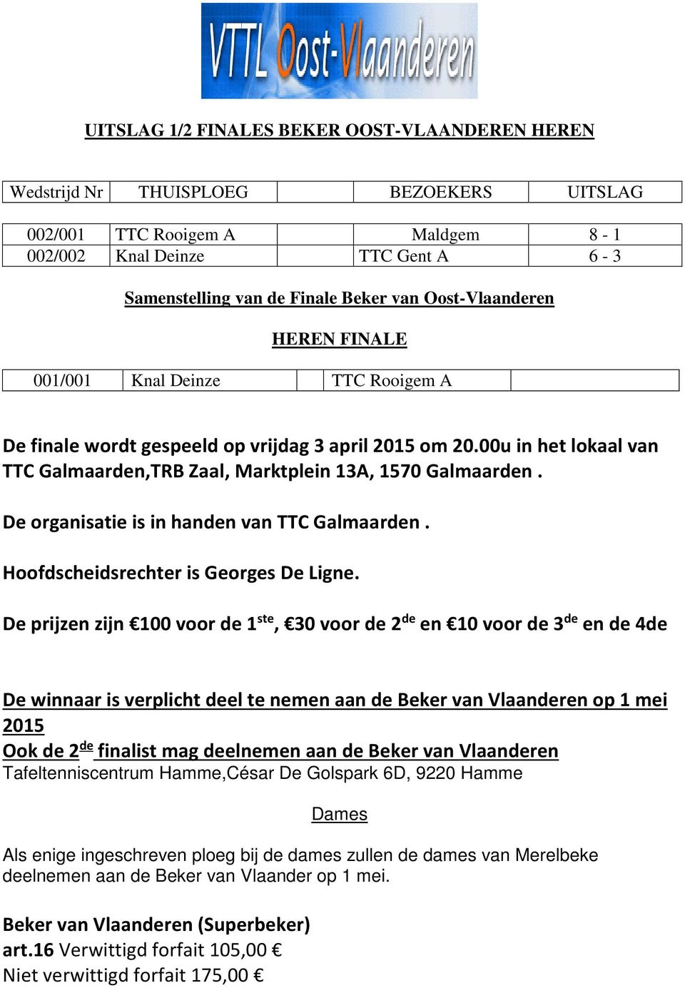 De organisatie is in handen van TTC Galmaarden. Hoofdscheidsrechter is Georges De Ligne.