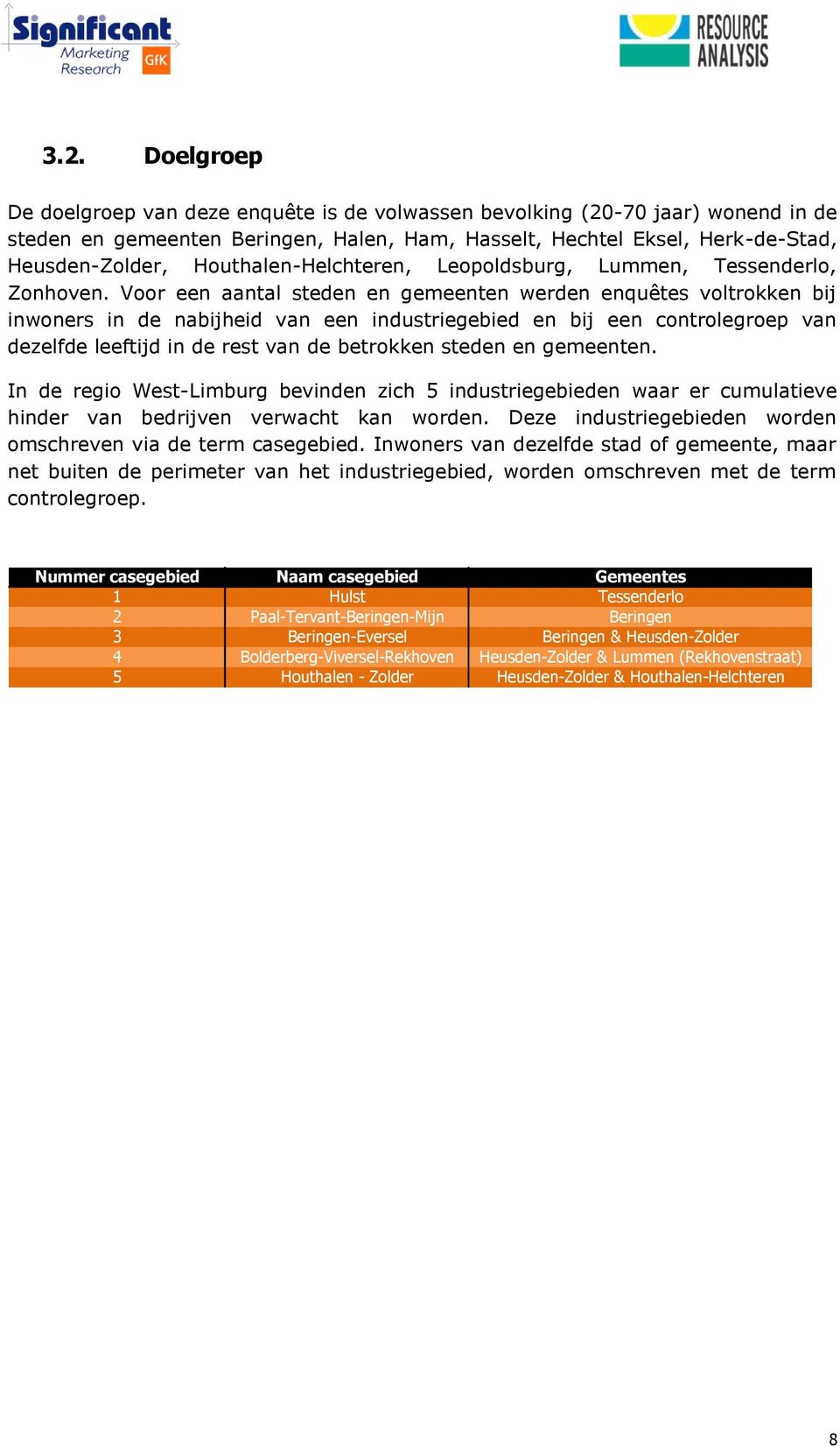 Voor een aantal steden en gemeenten werden enquêtes voltrokken bij inwoners in de nabijheid van een industriegebied en bij een controlegroep van dezelfde leeftijd in de rest van de betrokken steden