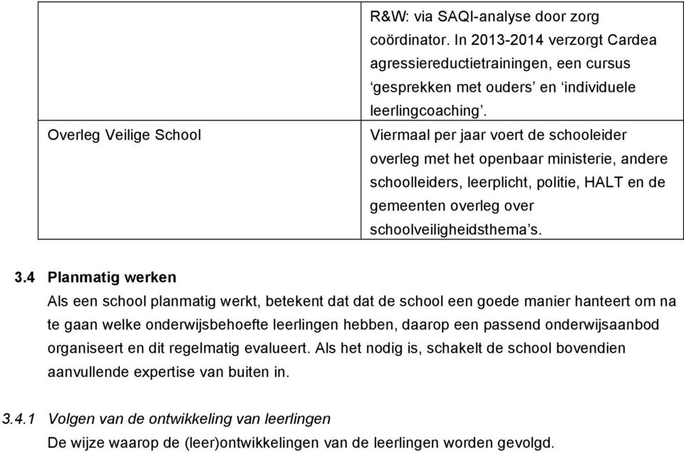 3.13 Viermaal per jaar voert de schooleider overleg met het openbaar ministerie, andere schoolleiders, leerplicht, politie, HALT en de gemeenten overleg over schoolveiligheidsthema s. 3.