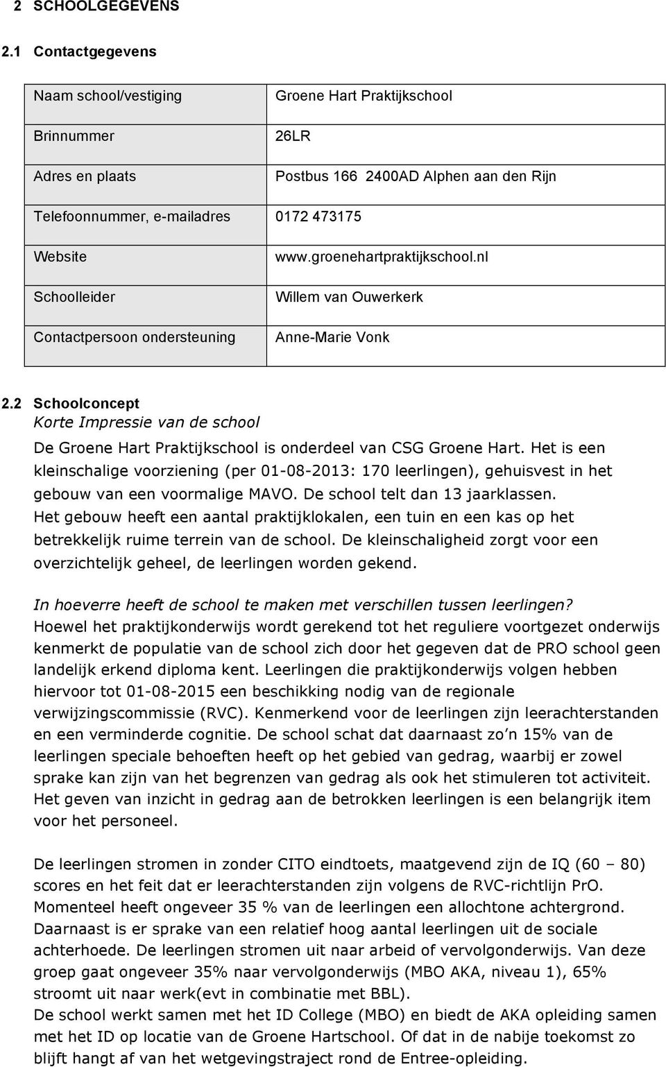 groenehartpraktijkschool.nl Schoolleider Willem van Ouwerkerk Contactpersoon ondersteuning Anne-Marie Vonk 2.