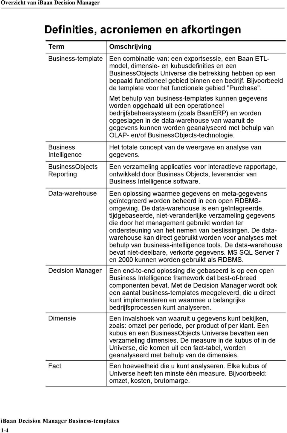 Met behulp van business-templates kunnen gegevens worden opgehaald uit een operationeel bedrijfsbeheersysteem (zoals BaanERP) en worden opgeslagen in de data-warehouse van waaruit de gegevens kunnen