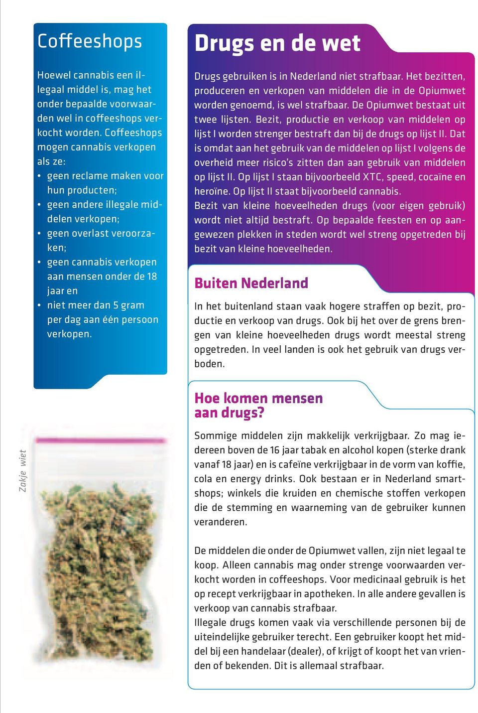 jaar en niet meer dan 5 gram per dag aan één persoon verkopen. Drugs en de wet Drugs gebruiken is in Nederland niet strafbaar.