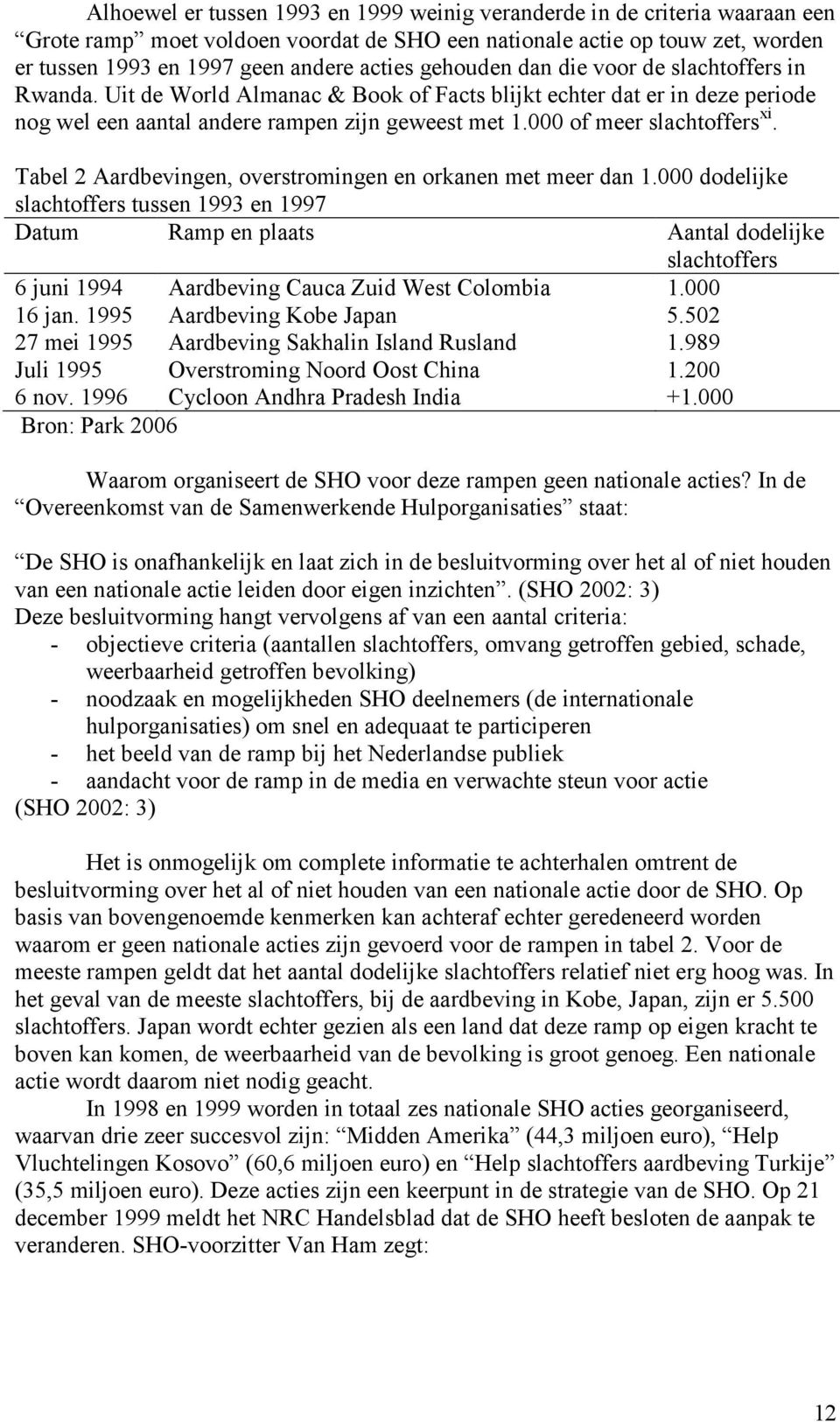 000 of meer slachtoffers xi. Tabel 2 Aardbevingen, overstromingen en orkanen met meer dan 1.