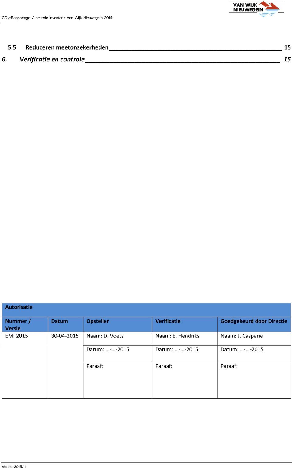 Verificatie Goedgekeurd door Directie Versie EMI 2015 30-04-2015 Naam: D.