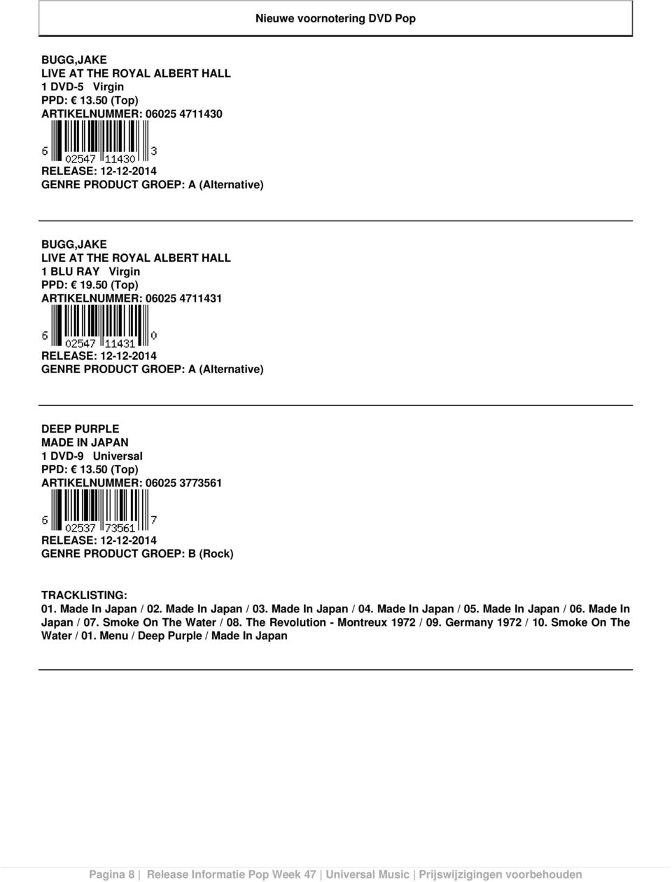 50 (Top) ARTIKELNUMMER: 06025 4711431 RELEASE: 12-12-2014 GENRE PRODUCT GROEP: A (Alternative) DEEP PURPLE MADE IN JAPAN 1 DVD-9 Universal PPD: 13.