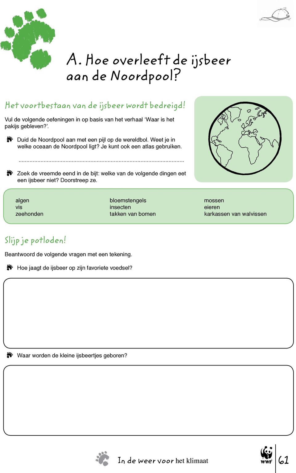 Weet je in welke oceaan de Noordpool ligt? Je kunt ook een atlas gebruiken.... Zoek de vreemde eend in de bijt: welke van de volgende dingen eet een ijsbeer niet?