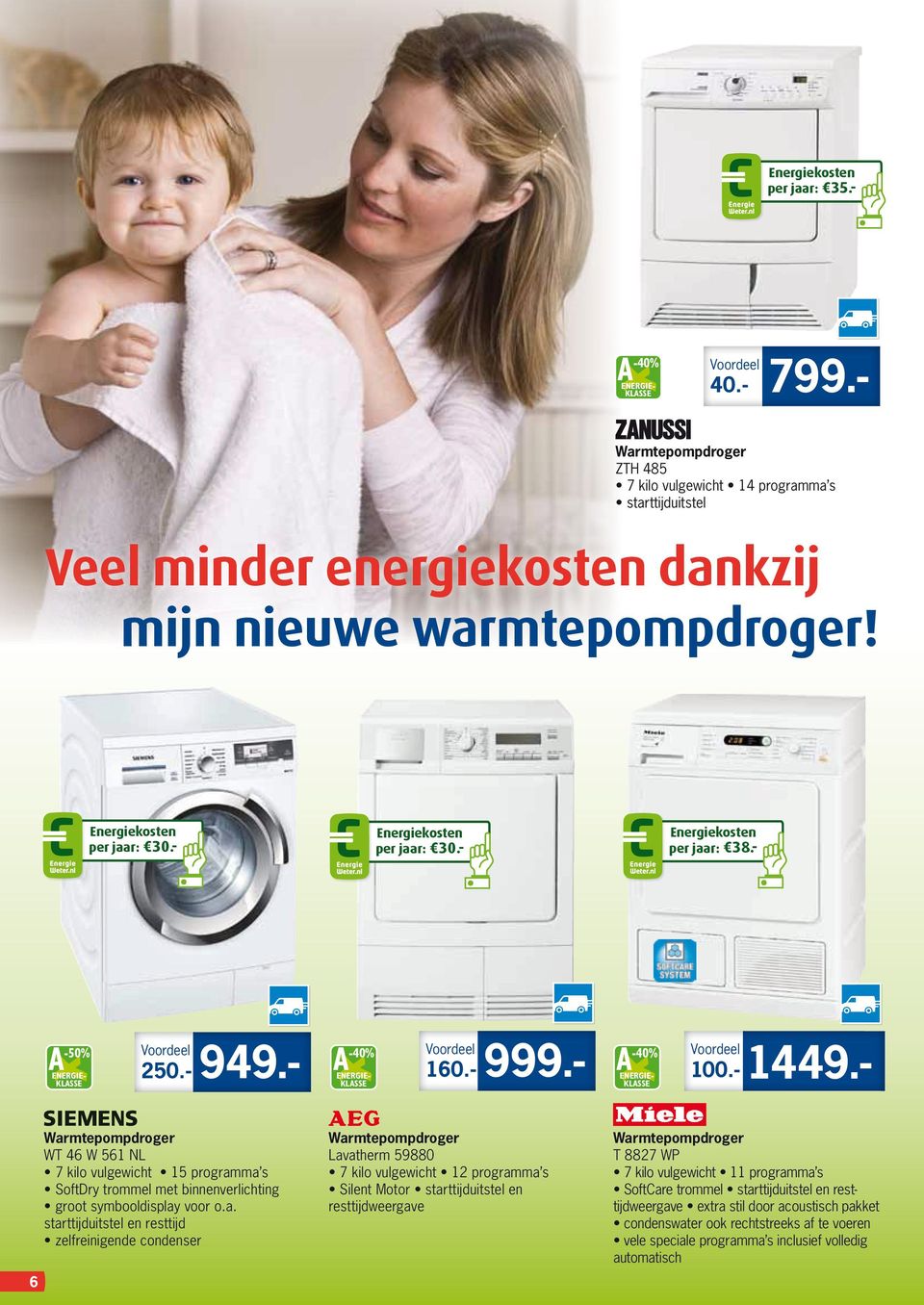 - per jaar: 30.- -40% 160.- 999.- Warmtepompdroger Lavatherm 59880 7 kilo vulgewicht 12 programma s Silent Motor starttijduitstel en resttijdweergave -40% 1449.