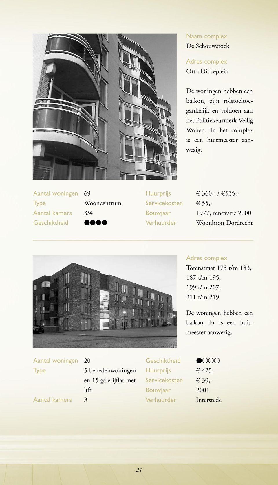 Aantal woningen 69 Wooncentrum /4 Geschiktheid vvvv Huurprijs 360,- / 535,- Servicekosten 55,- Bouwjaar 1977, renovatie 2000 Verhuurder Woonbron